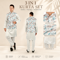 Conjunto 3 en 1 de Kurta Pajama de Satén Abstracto con Chaleco Estampado |   Traje Tradicional Étnico para Hombre, para Fiestas, Bodas, Diwali