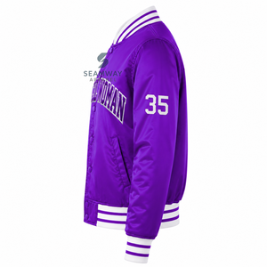 Chaqueta Universitaria Morada de Satén para Mujer NCNW con Botones a Presión, Letras Griegas Bordadas, Cuello y Puños de Punto a Rayas, Ropa Universitaria - Product Image 3