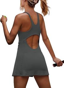 Robe de tennis grise à col carré pour femme, ajustée, sans manches, anti-humidité, 100 % polyester, vêtement de sport uni, tenue d'été - Product Image 4