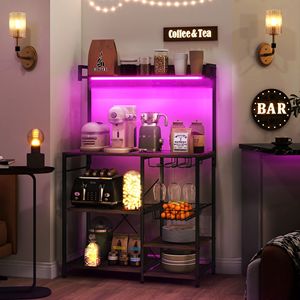 Étagère de rangement de cuisine industrielle rustique marron avec station de charge, lumières RGB, porte-verres, étagères ouvertes - pour boulangers et chefs - Product Image 4