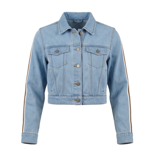 Light Blue <b>Denim</b> <b>Jacket</b> With Side Stripes Turn-down Collar Casual Short Length Unisex Spring Wear - Product Image 1