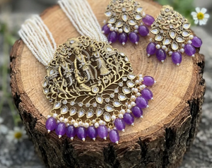 Conjunto de collar Ram Darbar chapado en oro, joyería de templo con cuentas rosas y moradas, cadena de perlas, tradicional indio para bodas nupciales - Product Image 4