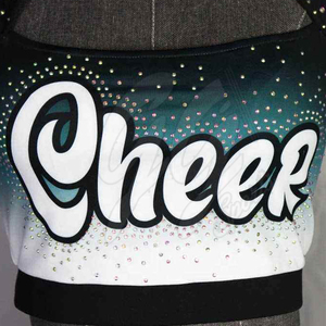 Uniforme de cheerleading avec embellissement en strass, impression par sublimation, style jupe, taille adulte, couleur noir, turquoise, blanc - Product Image 5