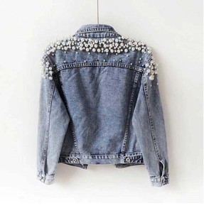 Veste en jean pour femme ornée de perles, brodée, à manches longues, coupe oversize, style streetwear, manteau en jean haut de gamme - Product Image 1