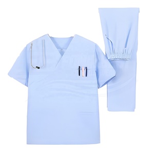 Ensemble de tenue médicale unisexe bleu en tissu toile Spandex/Polyester, pantalon et haut à col en V avec poches et porte-badge, détection d'aiguilles - Product Image 6
