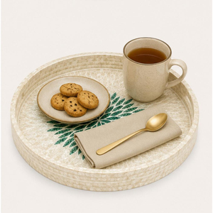 Plateau de service rond de luxe en nacre avec incrustation florale verte, mosaïque décorative, fait main, pour la décoration intérieure - Product Image 2