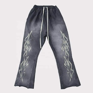 Custom Men’s Flared Pants 100% Cotton Terry Raw Hem Cut Edge Sun-Faded Acid Wash Flared <b>Drawstring</b> <b>Trousers</b> Streetwear Joggers - Product Image 5