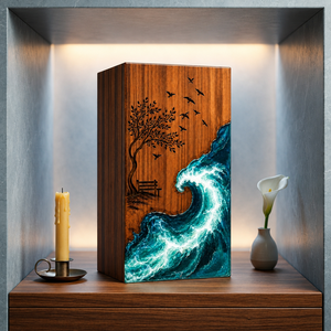 Handmade Wood Resin Cremation Urn Ocean Wave Memorial <b>Ashes</b> Box Art Deco Tabletop Keepsake <b>Casket</b> - Product Image 3