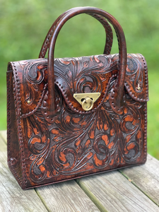 Sac à main vintage en cuir véritable pour femmes |   Sac à main Western fait main avec motif floral en relief - Product Image 2