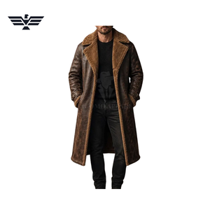 Veste de moto pour homme en cuir PU marron longue et ajustée, doublure en fausse fourrure, col montant, coupe-vent, style vintage, fermeture éclair - Product Image 1