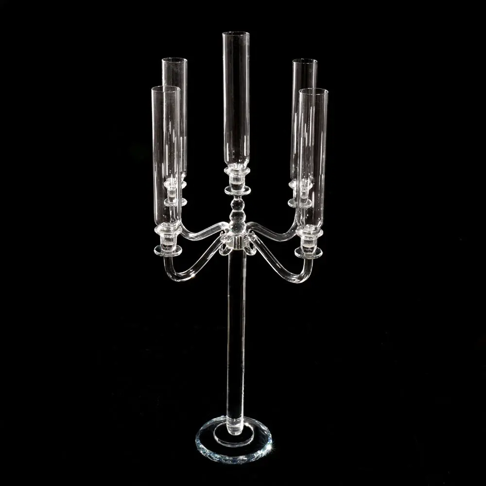 Di alta qualità decorazione di cerimonia nuziale di cristallo di cerimonia nuziale candelabri da tavolo 5 braccia tubo di vetro di cristallo candelabri