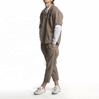 OEM kemeja campuran Linen kancing pria, desain saku dada depan ukuran besar kerah Lay Down modis