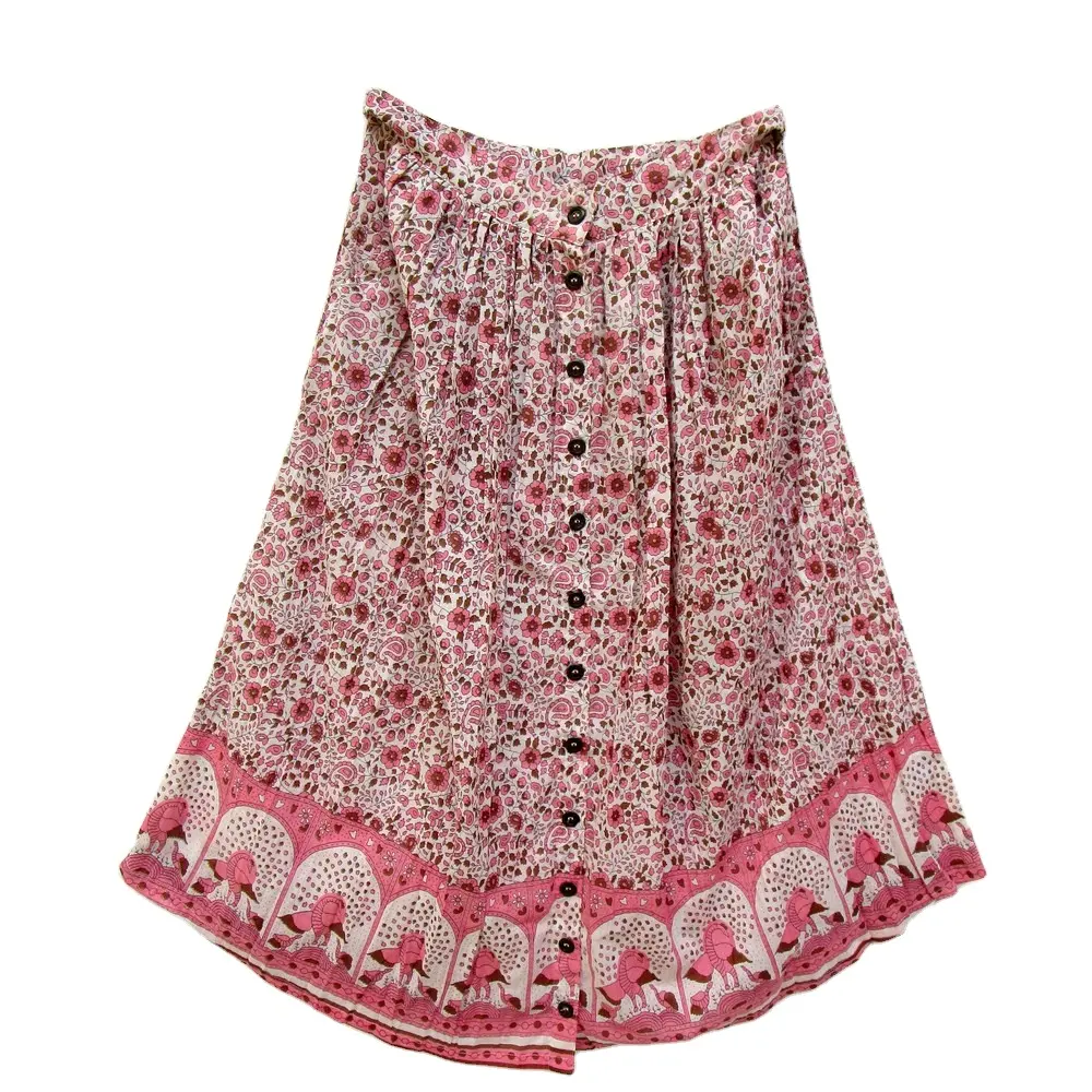 pink & brown cotton summer floral printed skirt for women with fashion placket & pockets