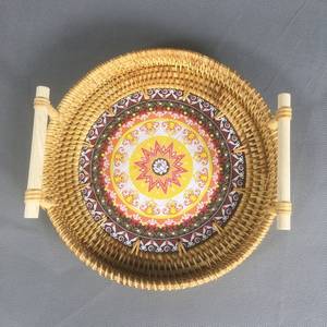 Wicker Woven <b>Round</b> Rattan Tray With Wood Plate, Natural Serving Tray in Vietnam Wholesale - Product Image 3