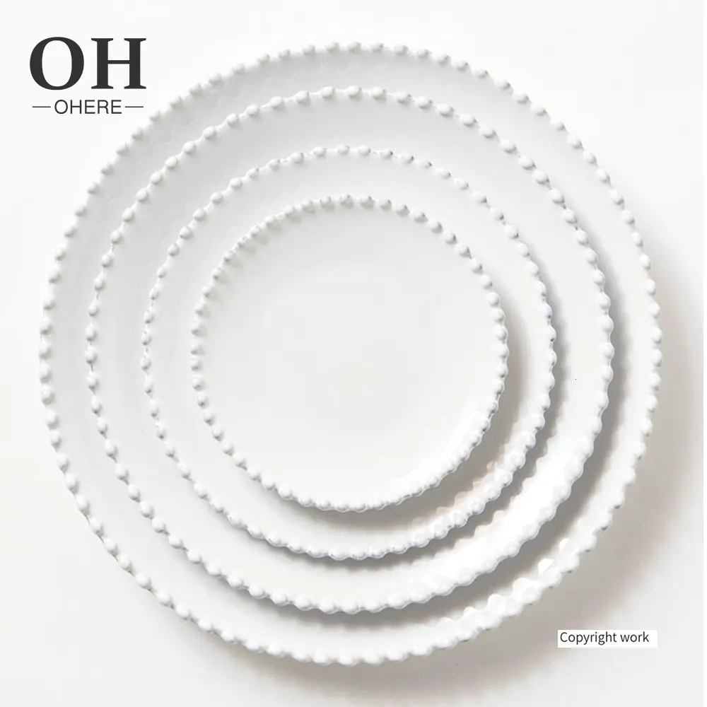 Ohere white wedding beads rim ceramic dinnerware set restaurant party porcelain chargers plate for wedding dinner plates