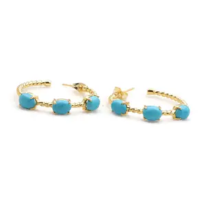 New arrival oval prong round stud earrings faceted blue turquoise hoop earring gold dangle hoop earring women jewelry-1064