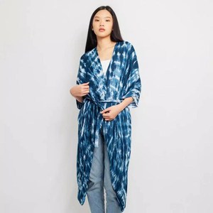 Nouveau été cravate teinture bleu Floral Kimono pour les femmes genou longueur plage couverture naturel taille tissé conception écologique - Product Image 6