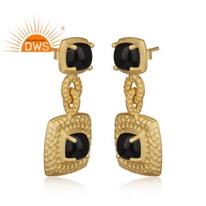 Prong <b>Set</b> Black Onyx Gemstone Earrings Supplier Gold Plated Textured 925 Silver Dangle Earrings Jewelry Classic Collection - Product Image 2
