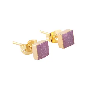 Shining crystal pink sugar druzy simple small earring brass yellow gold/silver electroplated earring square shape stud earrings
