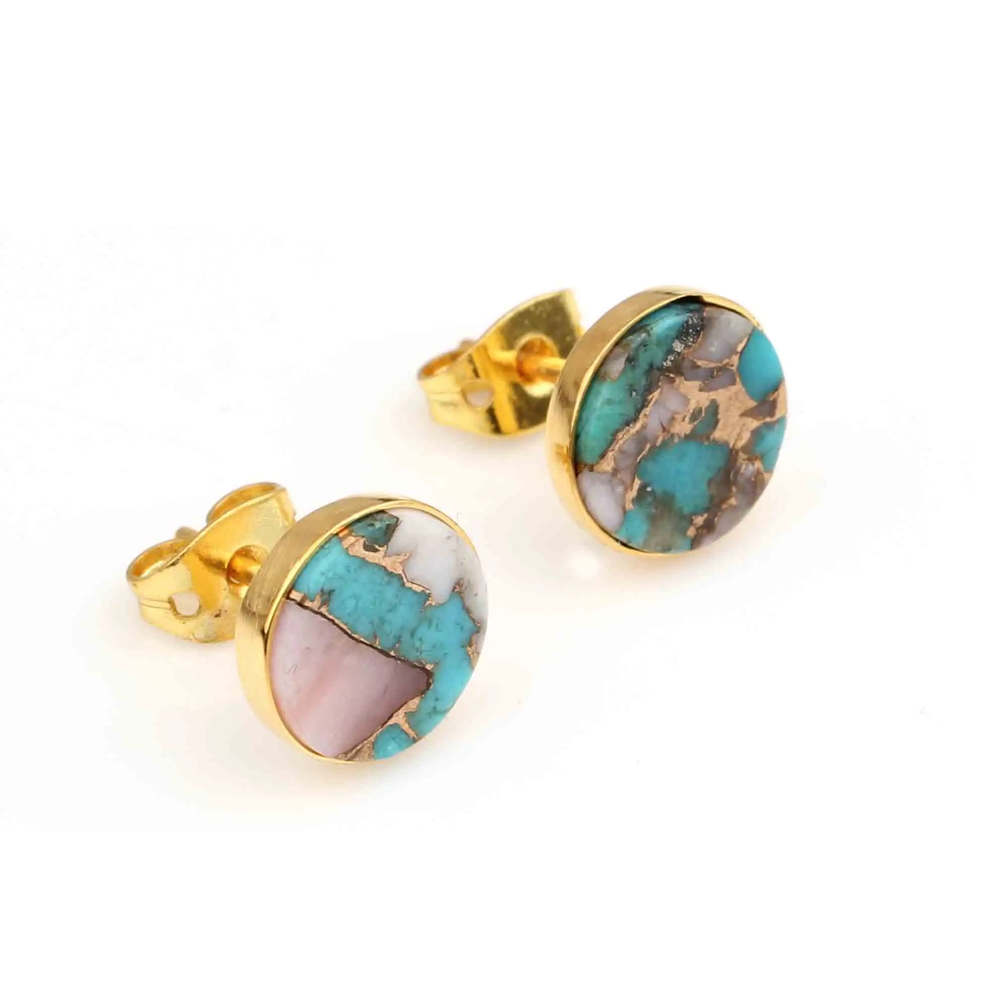 Trendy stud earring pink earrings turquoise opal copper sterling silver bezel natural round pink & blue stud earrings