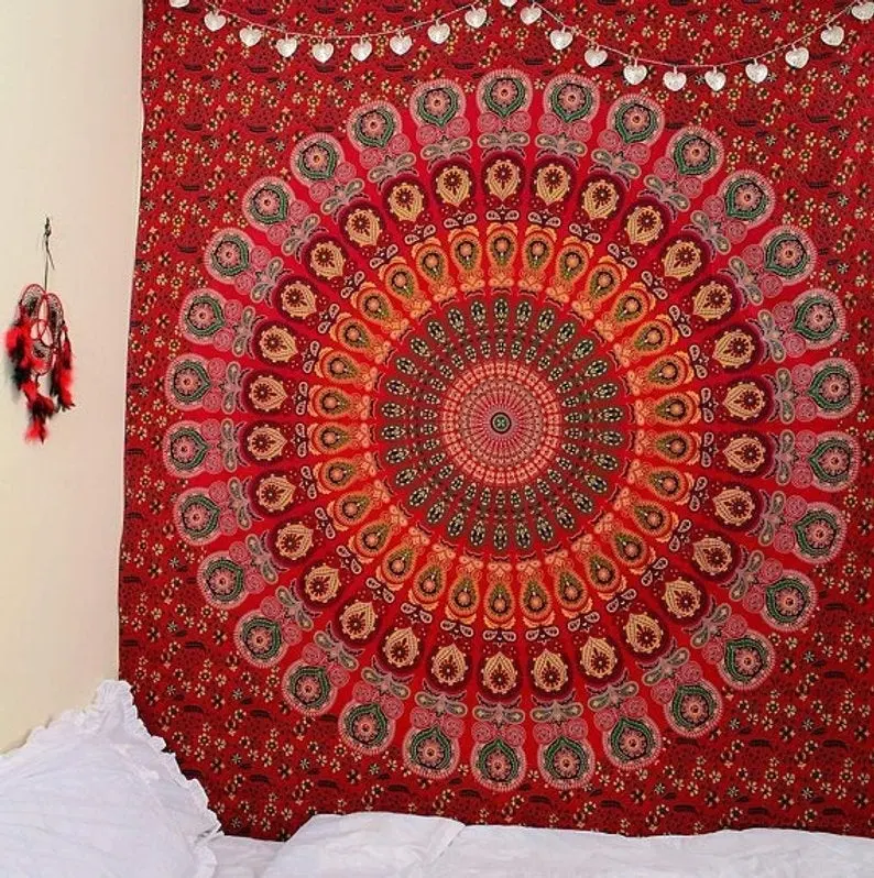 Belle tapisserie indienne de type Mandala, linge de lit en tissu de coton avec deux housses d'oreiller, drap taille Queen Size