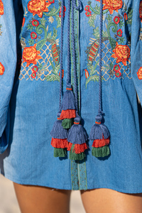 Chaqueta bordada con borlas y borlas para mujer, chaqueta bordada con borlas y borlas, bordada con flores azules, estilo vaquero - Product Image 4