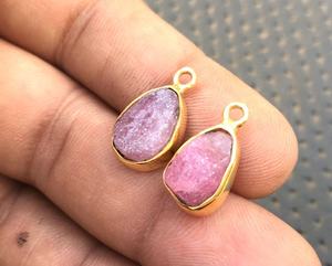 Natural Pink Tourmaline Gemstone 2 Pieces Polished Rough 92.5 Sterling Silver Gold Polish Pendant Religious <b>Crystal</b> - Product Image 2
