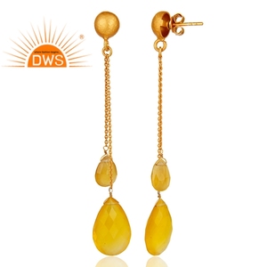 Yellow Chalcedony Drop <b>Earring</b> Designer Gold Plated 925 <b>Silver</b> <b>Chain</b> Dangle <b>Earrings</b> Jewelry Supplier - Product Image 3