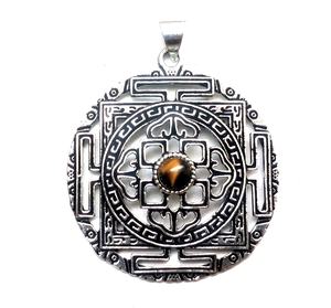 Pendentif œil de tigre en plaqué argent, grands pendentifs Mandala, Shri Yantra - Product Image 1