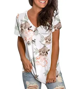 Latest Design Women Allover Pattern Design V Neck T Shirt Fashionable With Chest Pocket Wholesale