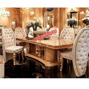 Ensemble de salle à manger de luxe en cuir capitonné 8 places Royal Golden sculpté avec du bois de teck Style moderne New York - Product Image 1