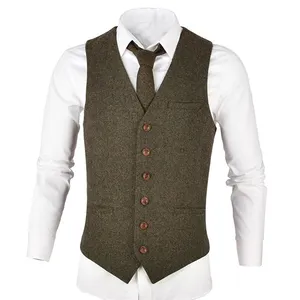 Men's Khaki Tweed Vest Wool Blend Slim Fit Suit Waistcoat For Men Custom Wholesale Men's Grey Waistcoat