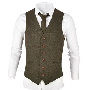 Gilet da uomo in Tweed cachi misto lana gilet Slim Fit per uomo gilet grigio da uomo all'ingrosso personalizzato