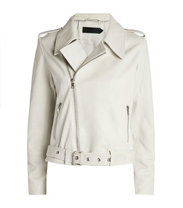 เสื้อแจ็คเก็ตหนังแกะสีขาวหม่นสำหรับทุกเพศ,เสื้อไบค์เกอร์มีซิปปิดสี - Product Image 1