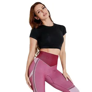 Custom new Design Black Women mesh High Neck Tee Plain Short Sleeve Tight Fit gym yoga Crop Top T Shirt