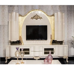 Modern Carved Teak Wood White Finish Durable <b>TV</b> <b>Cabinet</b> Set with <b>Wall</b> Unit - Product Image 1