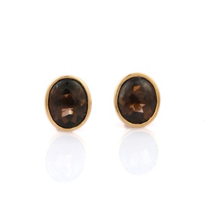 Trending-pendientes minimalistas de cuarzo ahumado Natural para mujer, con forma ovalada de piedras preciosas, oro amarillo sólido de 14K, joyería - Product Image 1