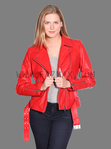 Chaqueta de cuero de estilo motero para mujer, color rojo, piel auténtica, 100% - Product Image 5