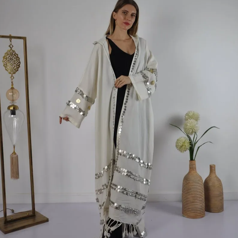 Abaya — Kimono Vintage du maroc pour femmes, Kimono d'été en lin 100% fait à la main, avec capuche, taille libre, 2020