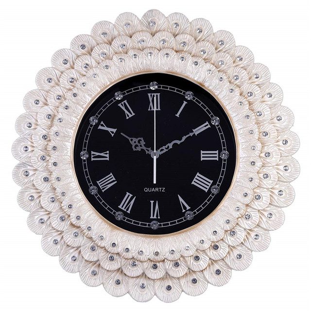 Carving Craft Resin  Wall Clock Home Decor Silent 16 Inch Battery Quartz White Peacock Feathers Diamond Classic Fashion