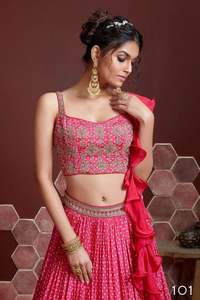 Dernier modèle de Lehenga Choli en soie chinon brodée pour femmes, couleur rose, pour mariage et fête, prix de gros bon marché - Product Image 3
