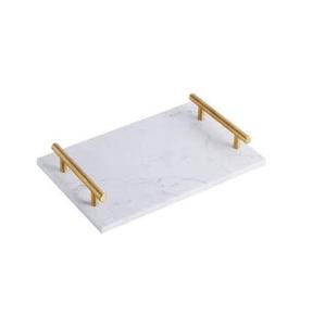 Juya — plateau style marbre Rectangle en marbre blanc, poignées dorées, plateau en marbre pour déco d'hôtel, en vente - Product Image 1