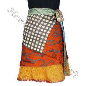 Mini jupe portefeuille en soie Sari, réversible et légère, Double couche, vente en gros, - Product Image 5