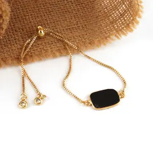 Top quality 24k gold plated bracelet elegant black onyx & cz bezel set bracelet adjustable slider chain bracelet woman jewelry