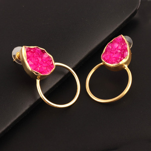Pendientes de aro con forma de pera para mujer, aretes de aro dorados o plateados, con forma de pera, color rosa natural, con drusa, en oferta - Product Image 3