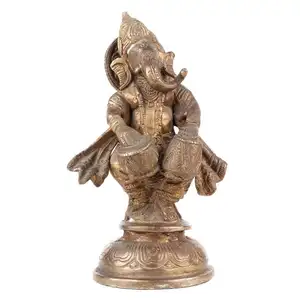 El yapımı altın pirinç ayakta Ganesha müzik aleti ile Dholak dekoratif gösteri heykeli bildirimi adet dekor hediyelik eşyalar