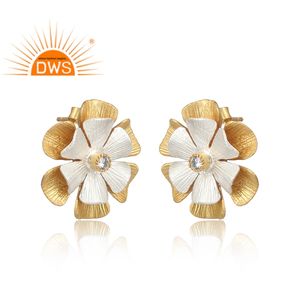 Hermosos Pendientes de Botón con Forma de Flor, Joyería de Circonita Blanca, Venta al por Mayor, Chapado en Dos Tonos, Plata 925, Colección Vintage para Fiestas - Product Image 2