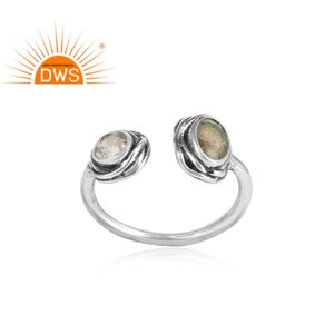 Bague ajustable en argent 925 Sterling, pierre précieuse, Labradorite naturelle et Quartz, bijou ajustable, fabrication - Product Image 2