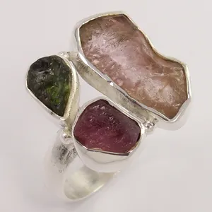 Size 9x20 Fancy Cut Rough Natural GREEN & PINK TOURMALINE Rings Gemstones 925 Solid Sterling Silver Ring All UK