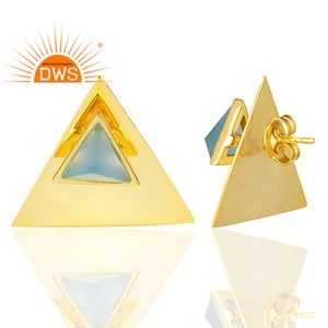 Blue Chalcedony Gemstone Earrings 925 Silver Gold Plated Triangle Shape Stud Earrings Manufacturer Jewelry - Product Image 3